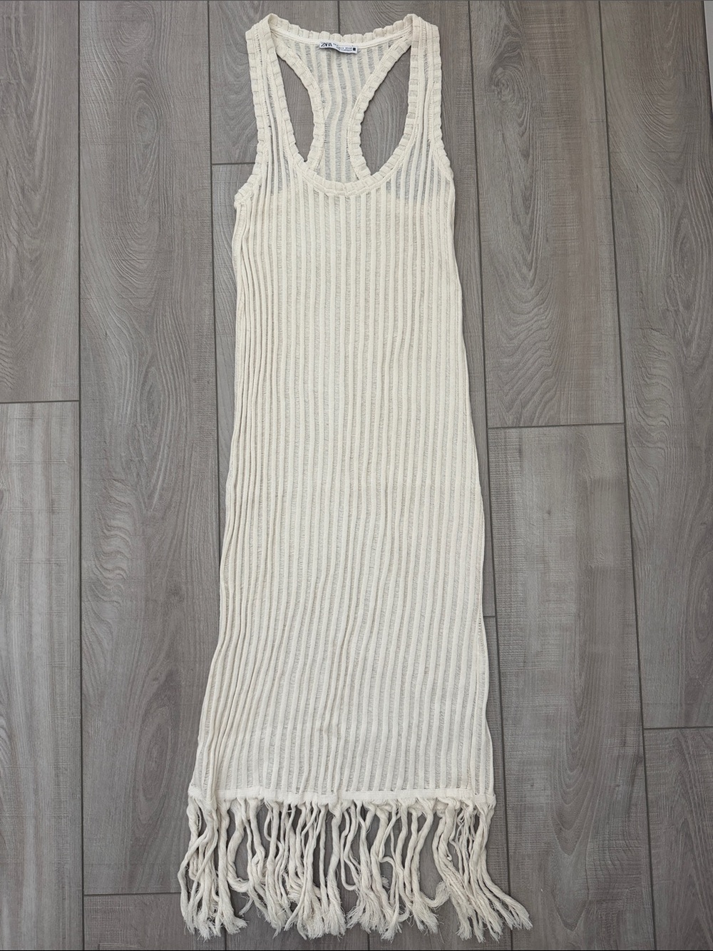 Zara Cream Ribbed Racerback Fringe Tank - Picture 2 of 4
